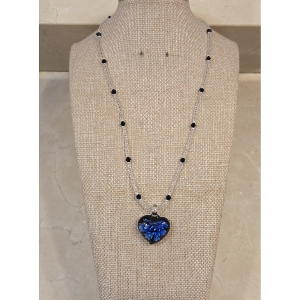 Vintage Murano Glass Heart Pendant On Bead & Sterling Silver‎ Necklace 17.5"